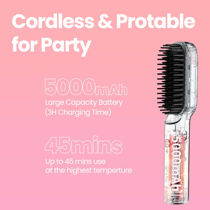 Hair Straightener Brush, Cordless Hair Straightener Brush Portable Hot Comb Straightener, USB Rechargeable & 3 Temp Settings & Anti-Scald, Pink