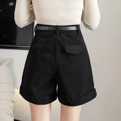 High Waist Retro Wide-Leg Corduroy Shorts for Women - Casual Boyfriend Style for AutumnWinter 2024