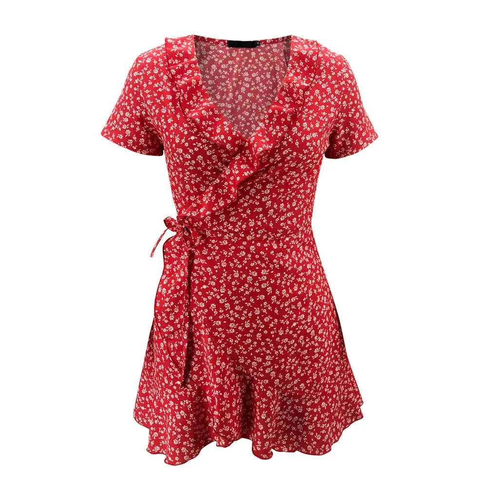 Floral A-Line Mini Dress - Elegant Ruffled V-Neck Summer Dress for Women