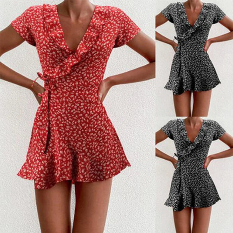 Floral A-Line Mini Dress - Elegant Ruffled V-Neck Summer Dress for Women