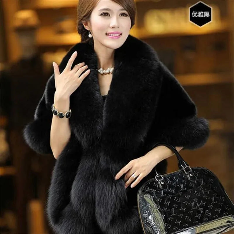 Genuine Mink Fur Shawl with Fox Fur Collar - Womens Winter Wrap Cape Jacket