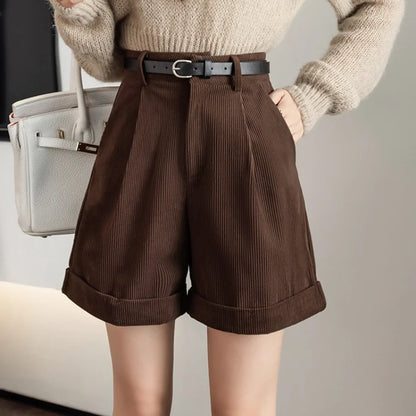 High Waist Retro Wide-Leg Corduroy Shorts for Women - Casual Boyfriend Style for AutumnWinter 2024