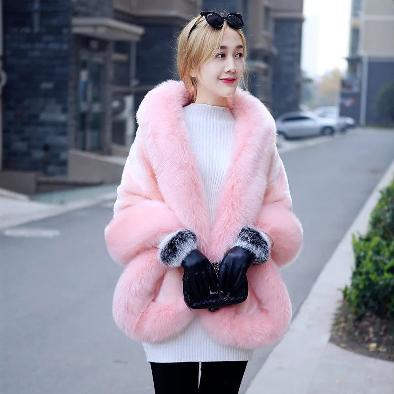 Genuine Mink Fur Shawl with Fox Fur Collar - Womens Winter Wrap Cape Jacket