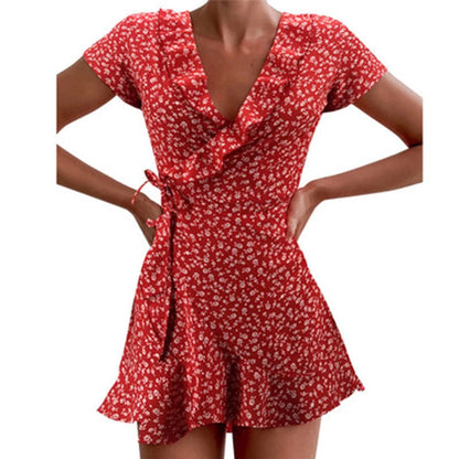 Floral A-Line Mini Dress - Elegant Ruffled V-Neck Summer Dress for Women