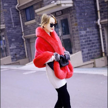 Genuine Mink Fur Shawl with Fox Fur Collar - Womens Winter Wrap Cape Jacket