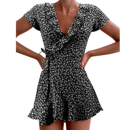 Floral A-Line Mini Dress - Elegant Ruffled V-Neck Summer Dress for Women