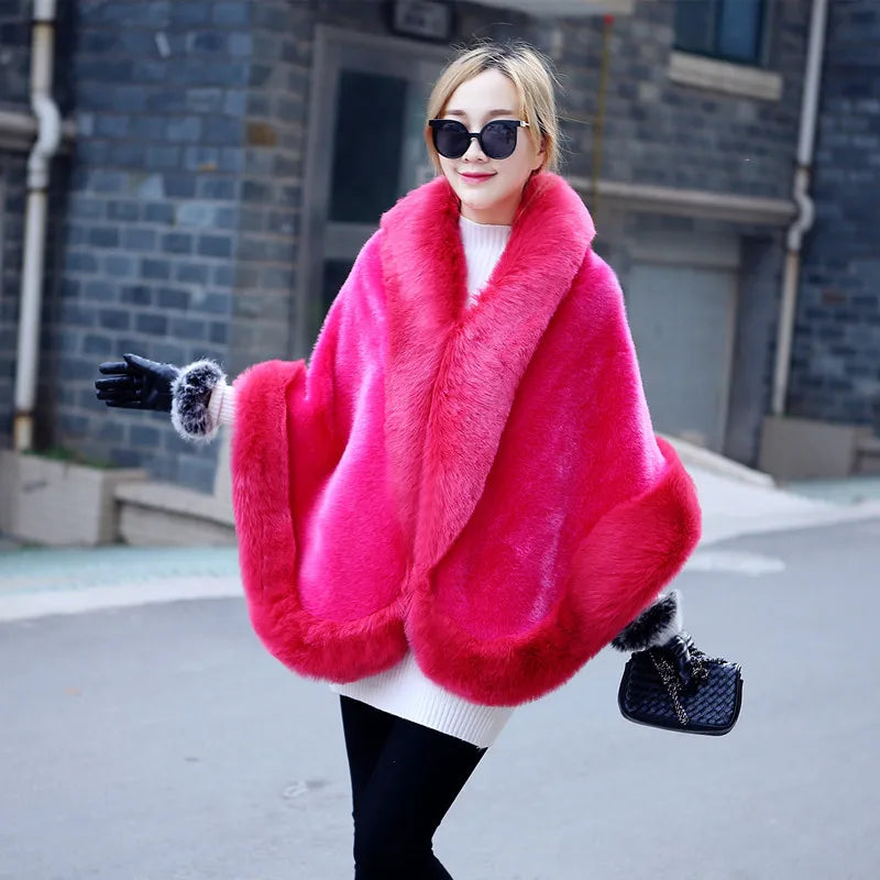 Genuine Mink Fur Shawl with Fox Fur Collar - Womens Winter Wrap Cape Jacket