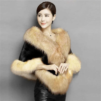 Genuine Mink Fur Shawl with Fox Fur Collar - Womens Winter Wrap Cape Jacket