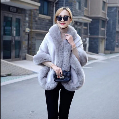 Genuine Mink Fur Shawl with Fox Fur Collar - Womens Winter Wrap Cape Jacket