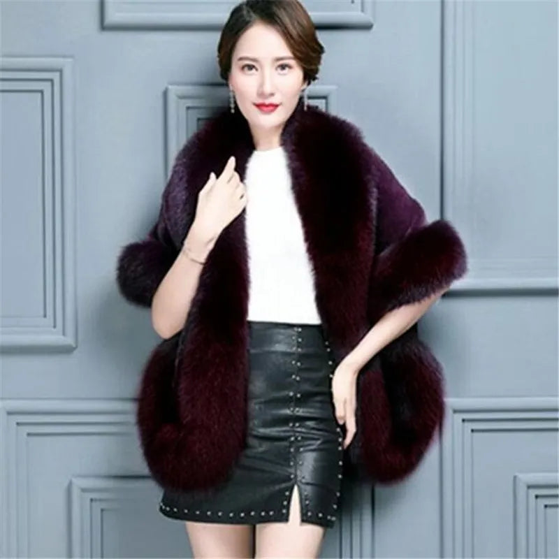 Genuine Mink Fur Shawl with Fox Fur Collar - Womens Winter Wrap Cape Jacket