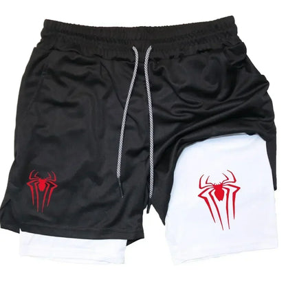 Mens Y2K Spider Print Compression Shorts - 5-Inch Quick-Dry Gym Training Shorts with Pockets Breathable 2-in-1 Design