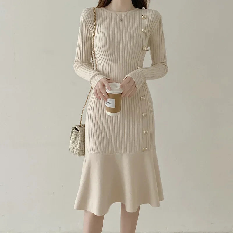 Slimming Knit Dress for Women - Elegant Knee-Length Sweater Dress for AutumnWinter 2023