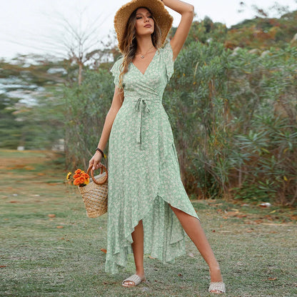 Elegant Bohemian V-Neck Long Dress with Short Sleeves  Perfect Holiday Style for Women