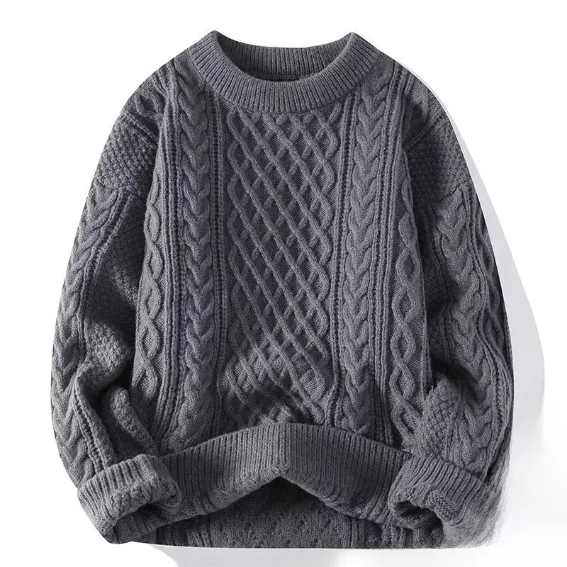 Mens Loose-Fit Round Neck Sweater - Solid Color Knitwear for Autumn Casual Wear