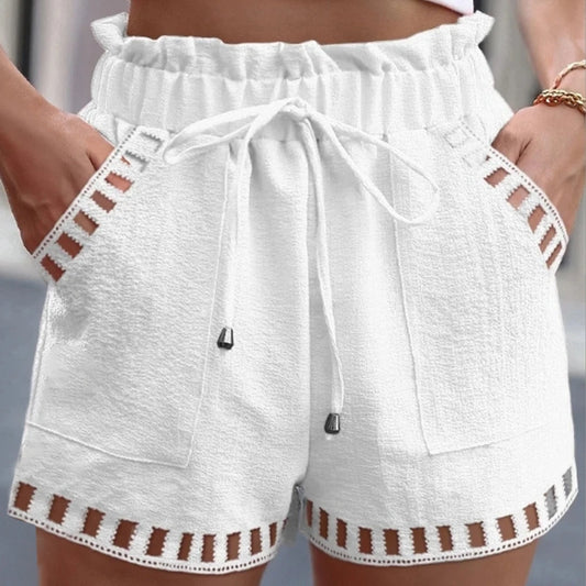 Cotton Linen Womens Beach Shorts - Comfortable Solid White Summer Shorts with Pockets