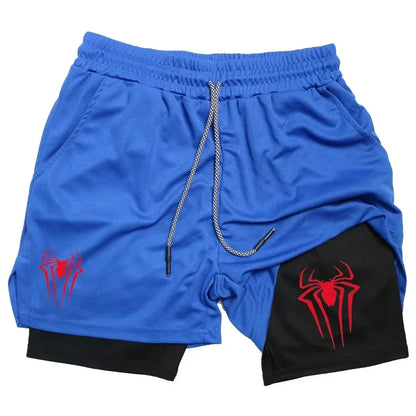 Mens Y2K Spider Print Compression Shorts - 5-Inch Quick-Dry Gym Training Shorts with Pockets Breathable 2-in-1 Design