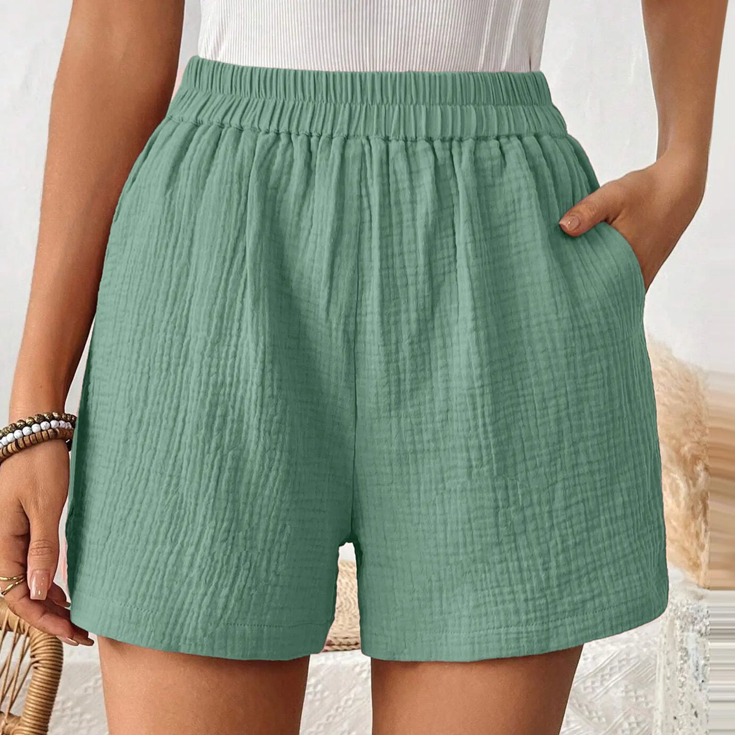 High Waist Cotton Pleated Shorts - Casual Womens Streetwear 2024