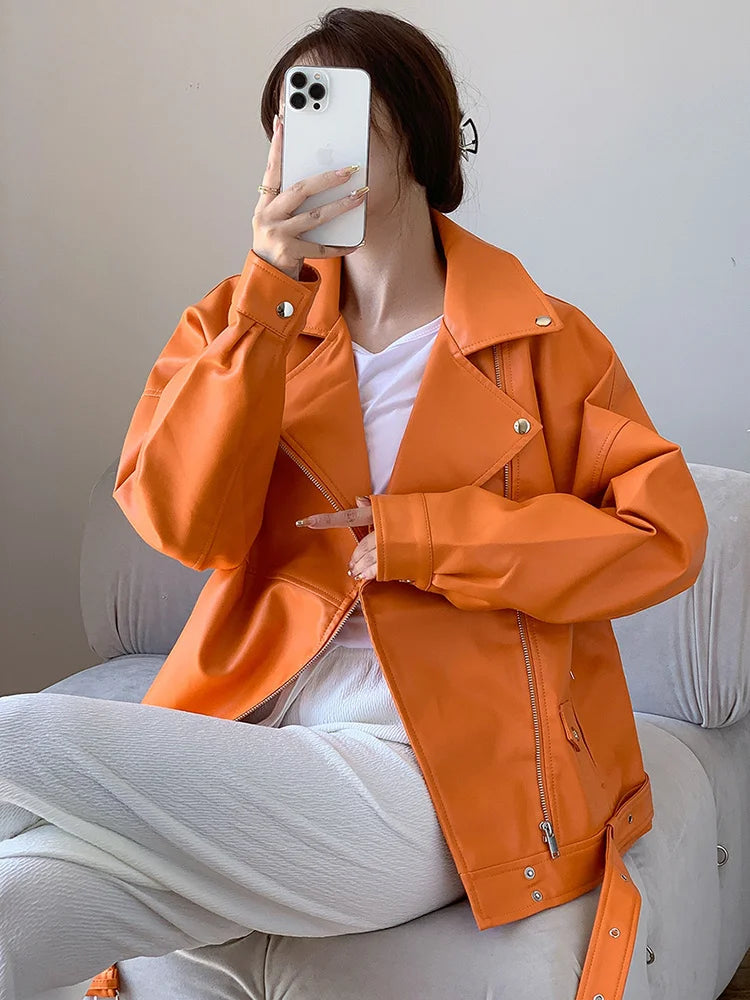 Orange PU Leather Jacket for Women - Stylish Loose Fit Streetwear for AutumnWinter 2023