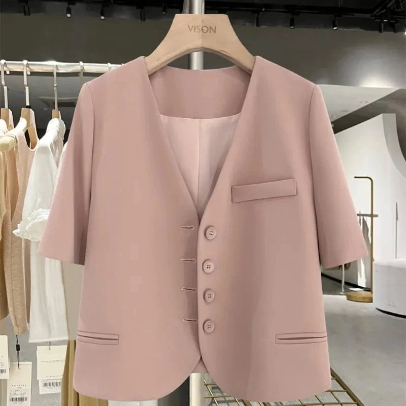 Korean Fashion Womens Notched Neck Blazer - Casual Summer Office Jacket