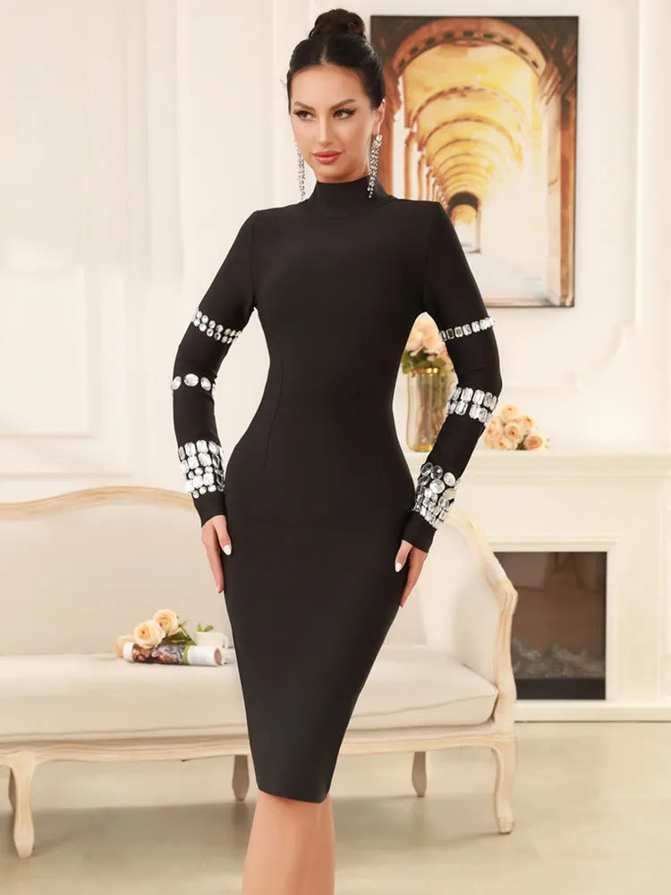 Elegant Black Mini Bandage Dress - Womens Celebrity Style with Beading