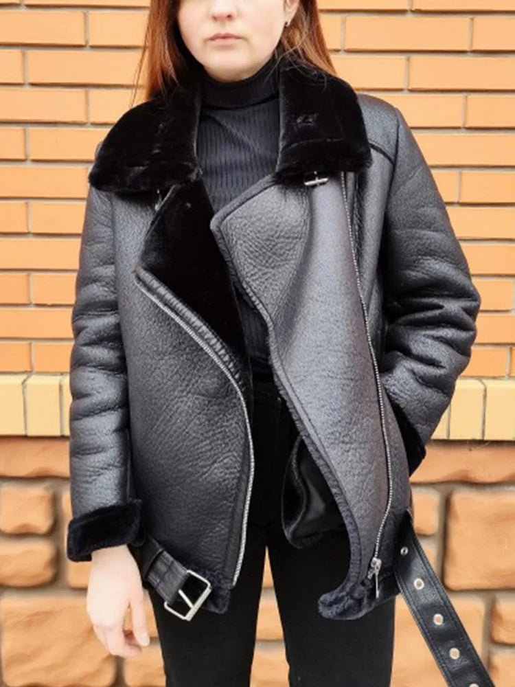 Womens Faux Leather Fur Aviator Jacket - Thick Winter Coat