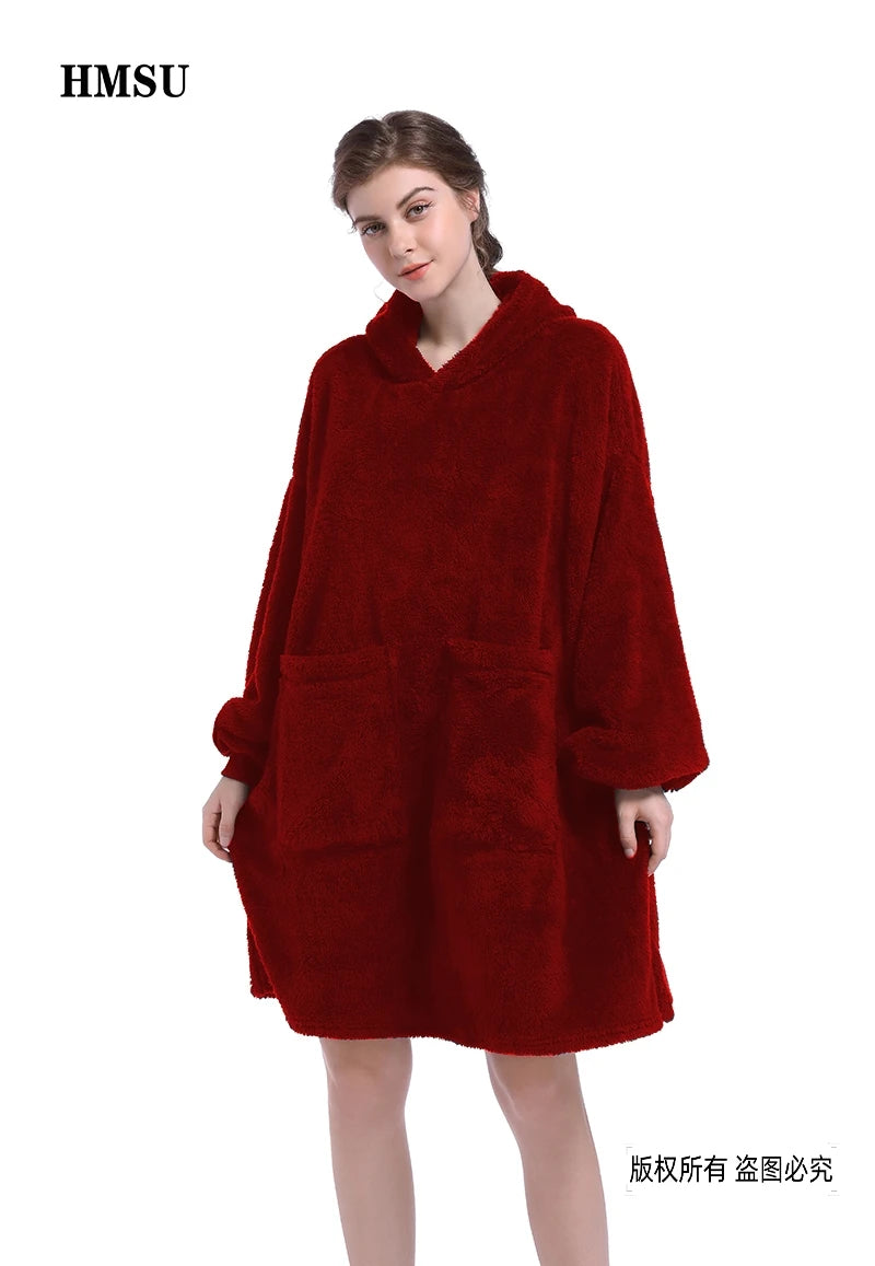 Oversized Plaid Hoodie Blanket Sweatshirt - Fleece Hoody with Sleeves and Pocket for Women