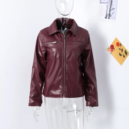 Vintage Red Wine Leather Jacket for Women