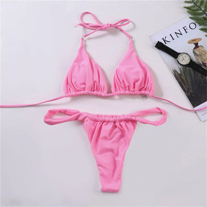 Pink High Leg Thong Bikini Set - Womens Sexy Solid Swimwear 2022