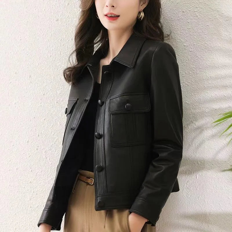 Womens PU Leather Lapel Jacket - Stylish Short Coat for Spring Autumn