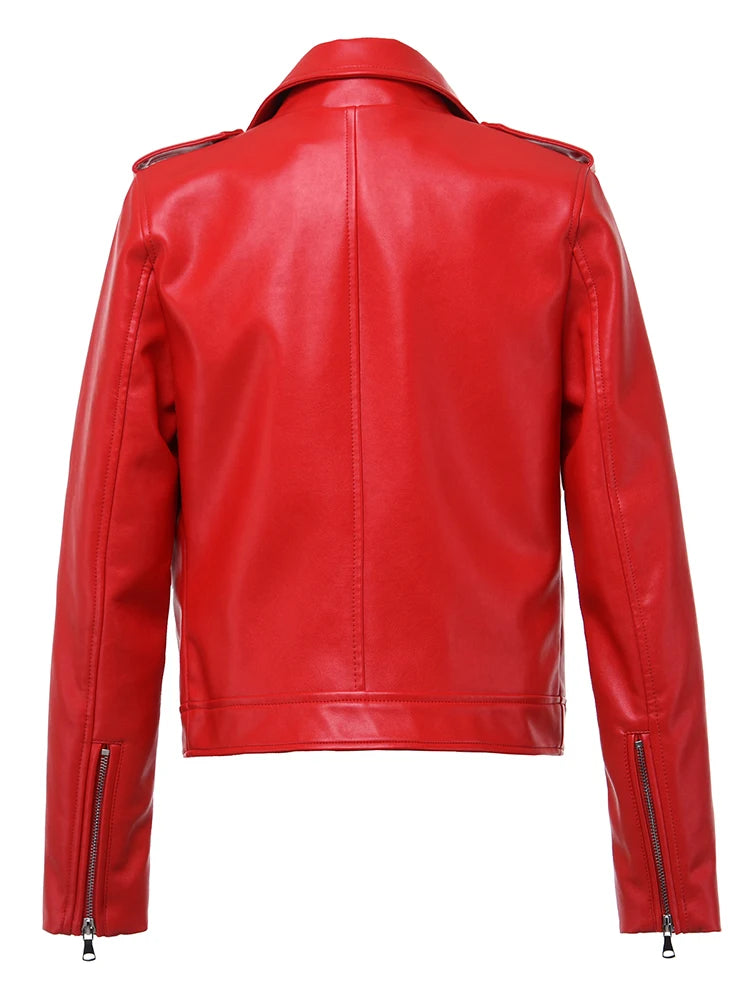 Red Vintage Faux Leather Biker Jacket for Women - Casual Autumn Winter Coat