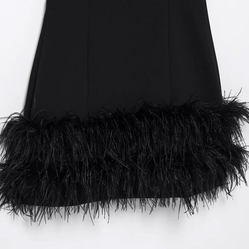 Elegant Mini Dress - Black Sleeveless Feather Casual Evening Party Dress 2024