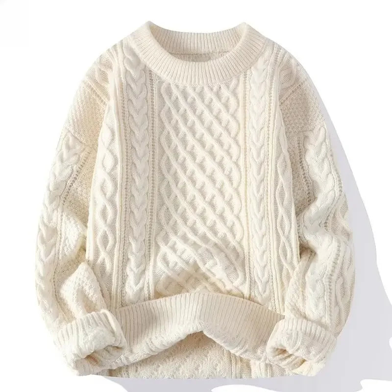 Mens Loose-Fit Round Neck Sweater - Solid Color Knitwear for Autumn Casual Wear