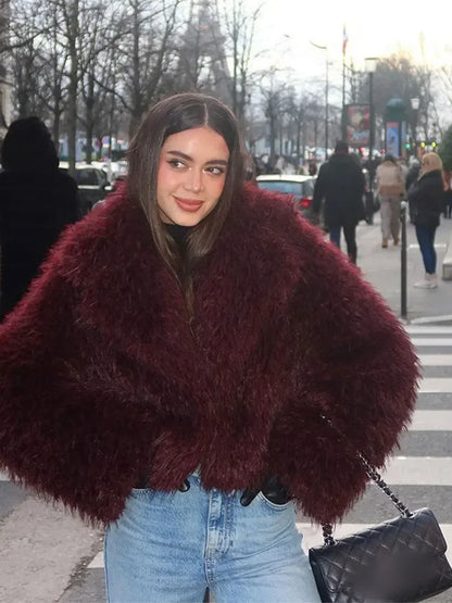 Burgundy Red Faux Fur Lapel Coat