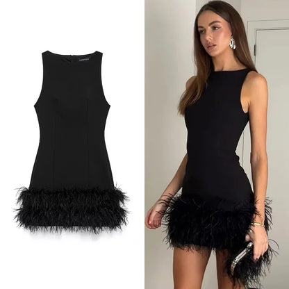 Elegant Mini Dress - Black Sleeveless Feather Casual Evening Party Dress 2024