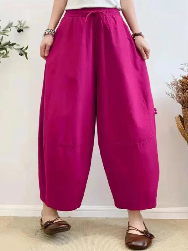 Womens Khaki Oversized Harem Pants - Baggy Cotton Linen Lantern Pants with Pockets for Summer 2023