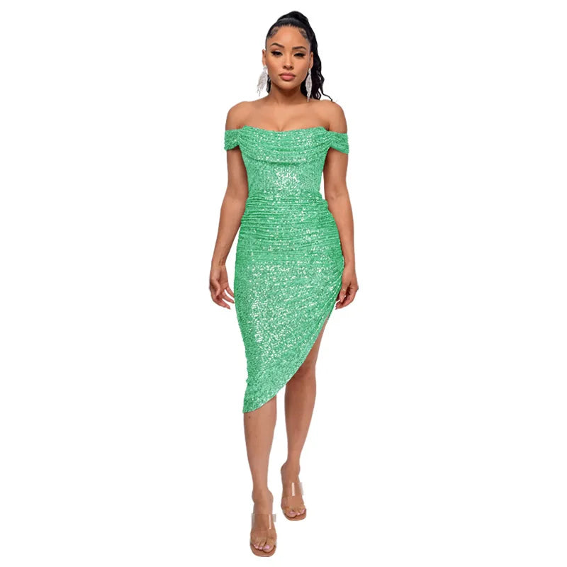 Off-Shoulder Sequin Bodycon Dress - Stylish Knee Length Party Dress