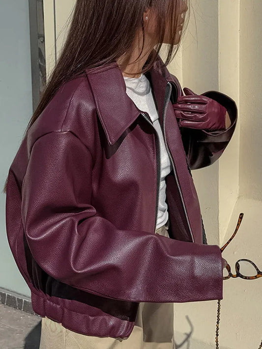 Wine Red Leather Motorcycle Jacket for Women