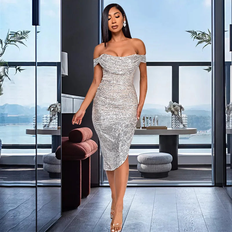 Off-Shoulder Sequin Bodycon Dress - Stylish Knee Length Party Dress