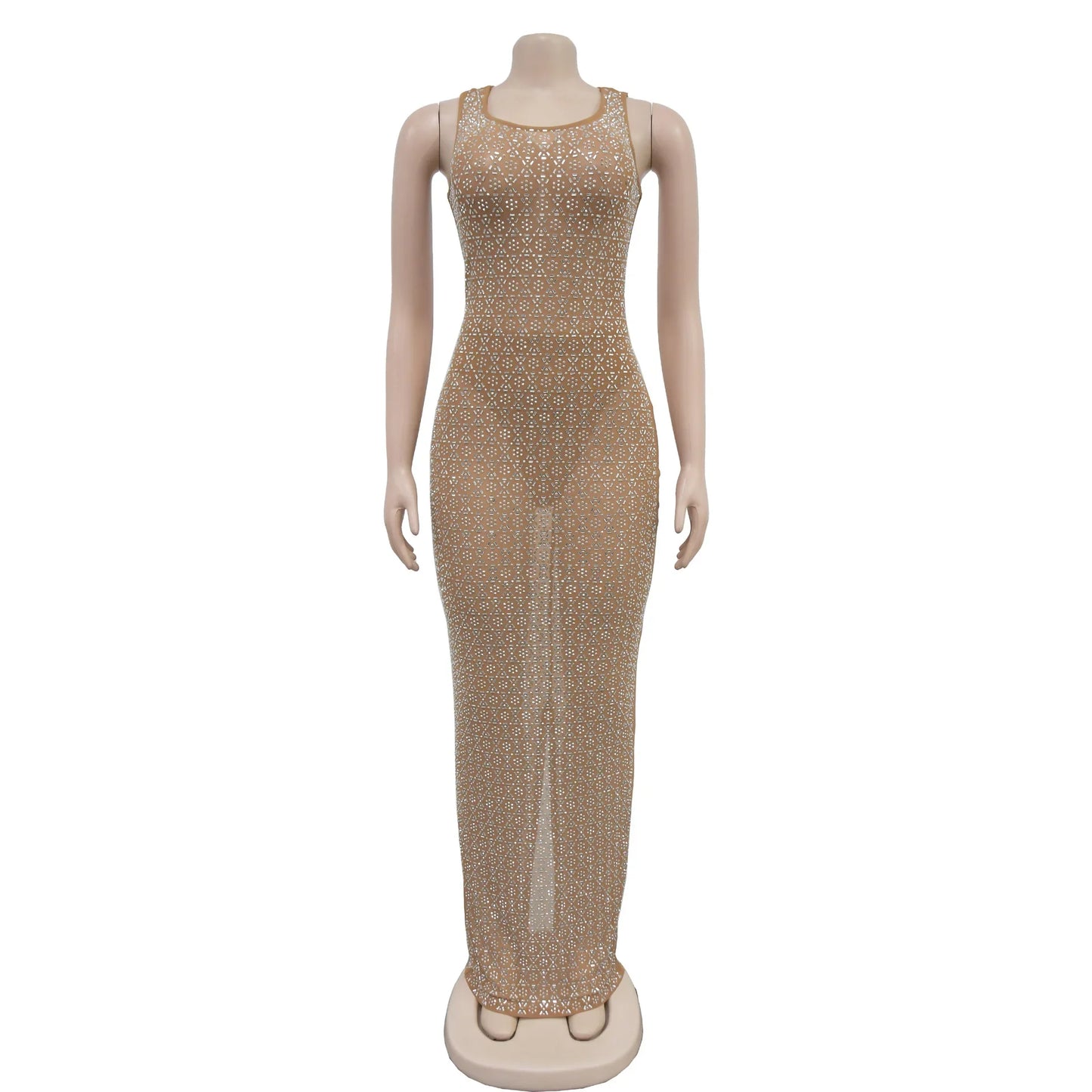 Elegant Rhinestone Mesh Long Dress for Women  See-Through Party Club