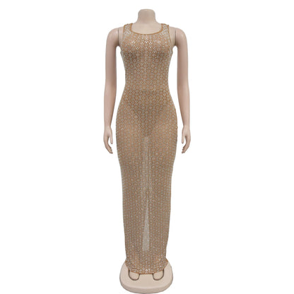 Elegant Rhinestone Mesh Long Dress for Women  See-Through Party Club