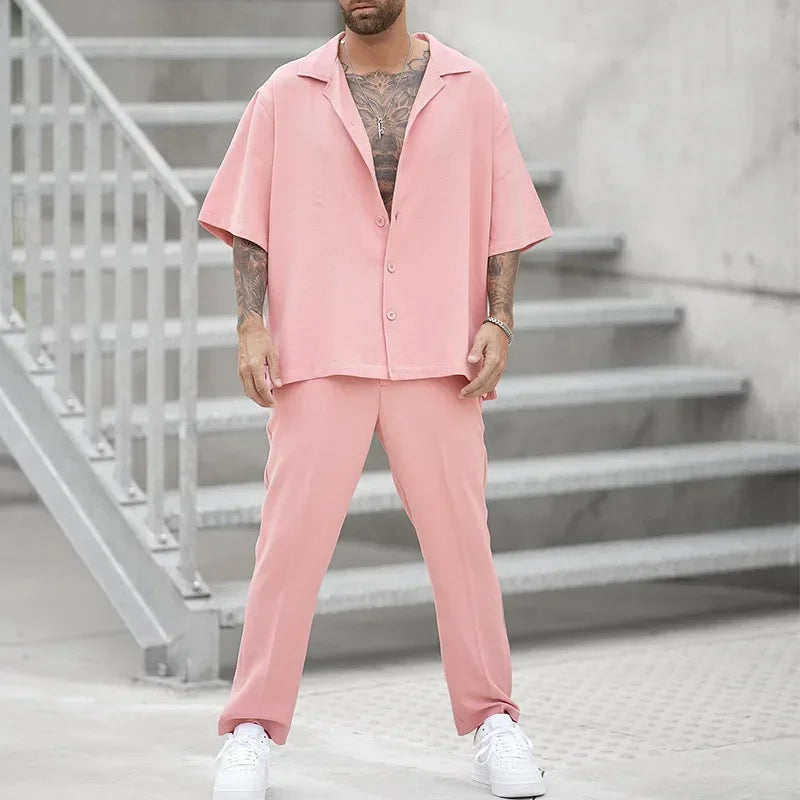 Mens Pink Summer Two-Piece Sweatshirt  Pants Set - Large Size