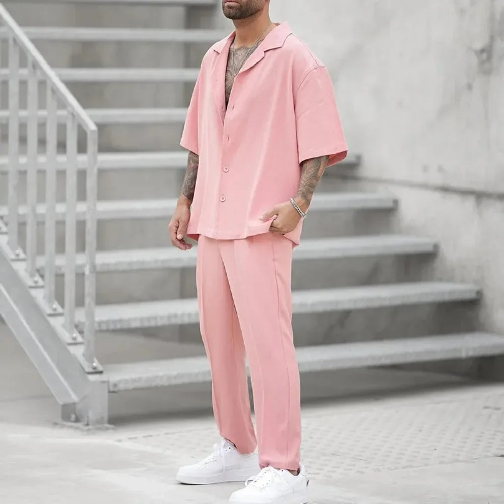 Mens Pink Summer Two-Piece Sweatshirt  Pants Set - Large Size