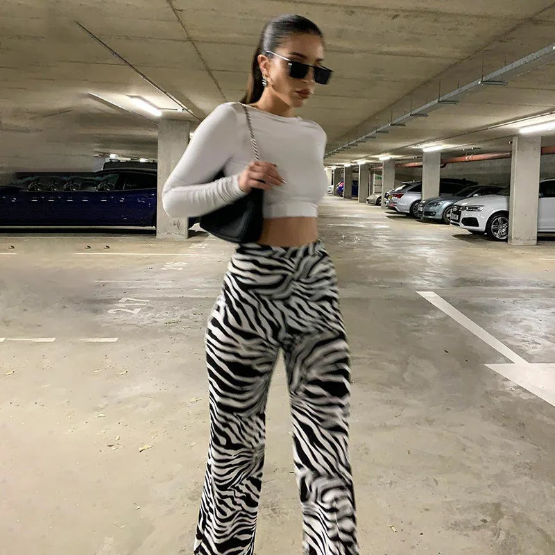 Y2K Zebra Print Wide Leg Trousers - High Waist Casual Summer Pants for Women