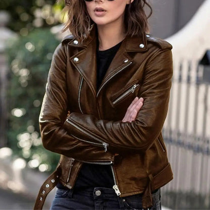 Ladies Faux Leather Moto Jacket - Slim Fit Autumn Biker Outwear