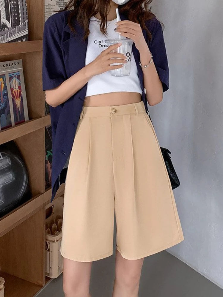 Black High Waist Suit Shorts for Women - Loose Elastic Waist Casual Wide Leg Ice Silk Summer Pants