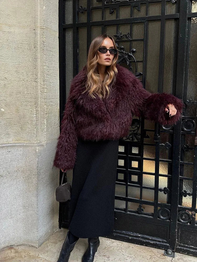 Womens Warm Long Sleeve Faux Fur Coat with Elegant Turn Down Collar