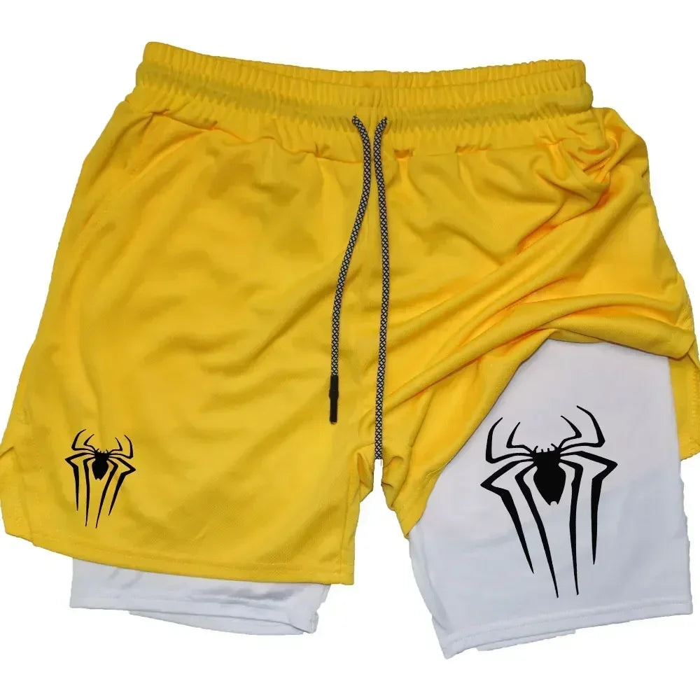 Mens Y2K Spider Print Compression Shorts - 5-Inch Quick-Dry Gym Training Shorts with Pockets Breathable 2-in-1 Design