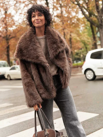 Womens Faux Fur Coat - Retro Lapel Long Sleeve Jacket