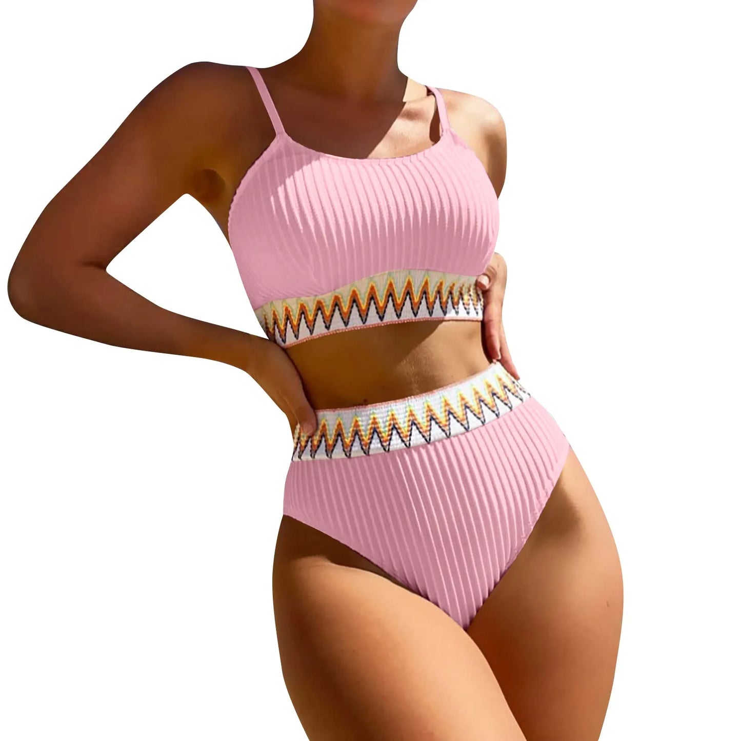 High Waist Color Block V-Neck Bikini Set for Women