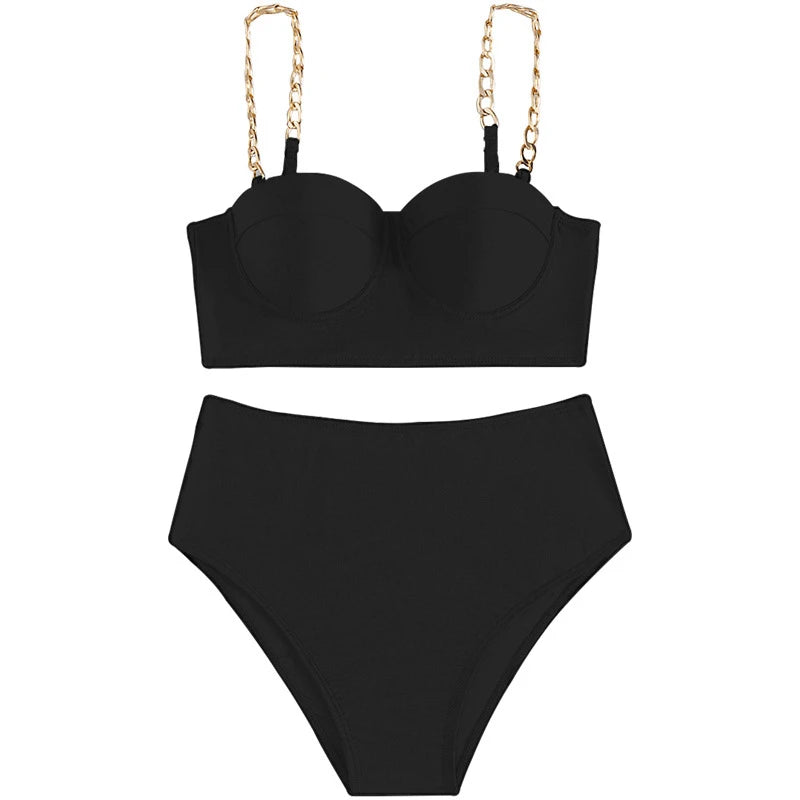 High Waist Bikini Set - Padded Wrap Top Chain Straps